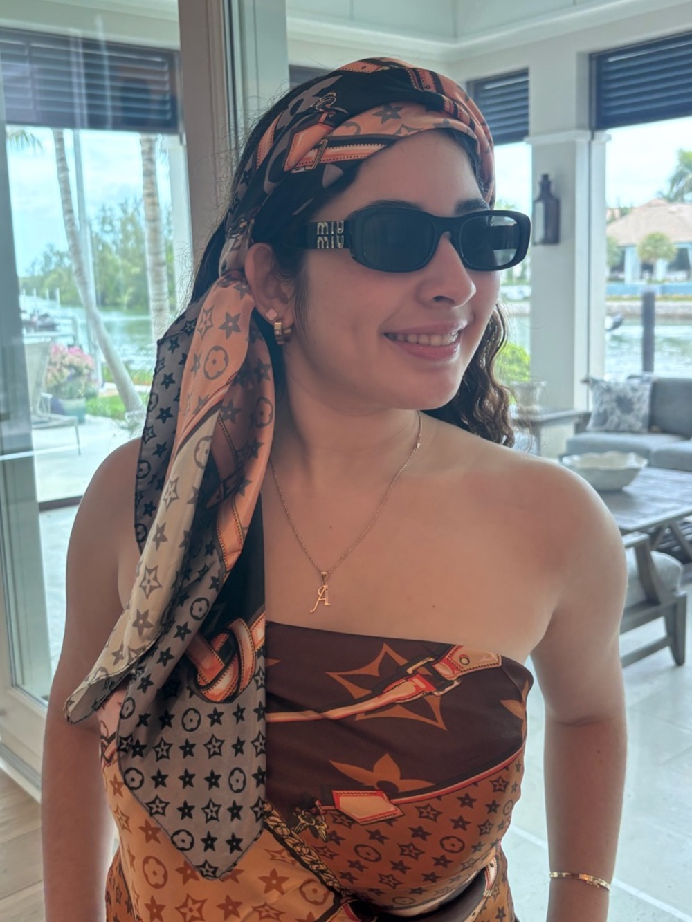 Silk Star-Print Tie-Back Bandana Top in Beige & Orange,black - Picture 3 of 12
